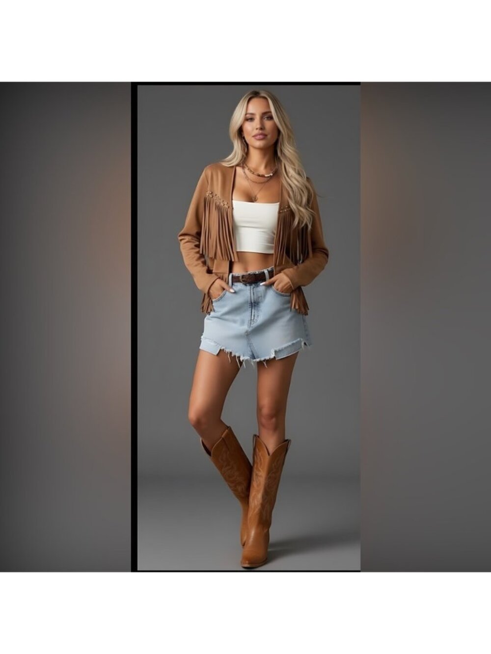 Studded Fringe Trim Light Jacket Brown